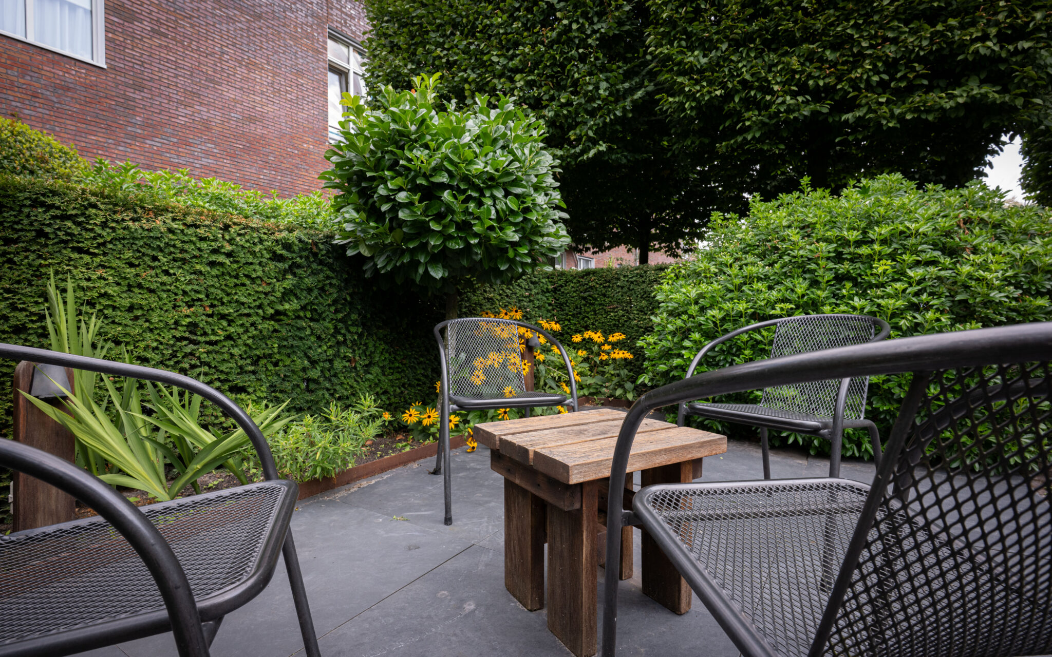 onderhoudsvriendelijke tuin met grote tegels en siergrassen